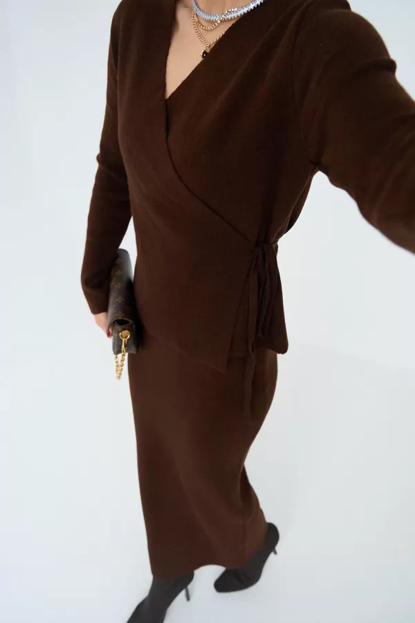 Acı Kahve Kruvaze Yandan Bağlamalı Etekli Takım