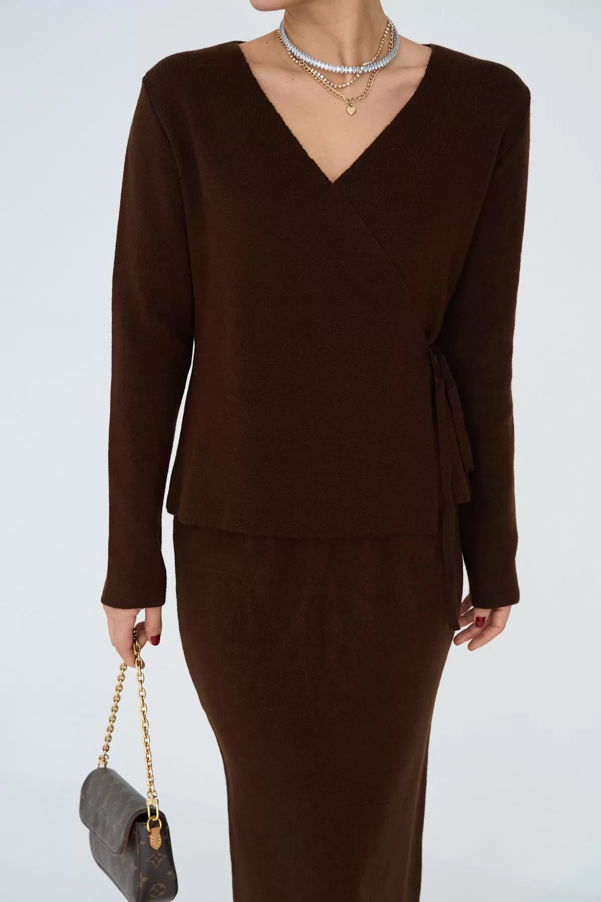 Acı Kahve Kruvaze Yandan Bağlamalı Etekli Takım