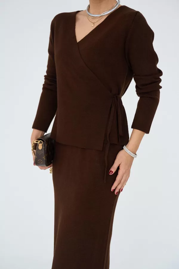 Acı Kahve Kruvaze Yandan Bağlamalı Etekli Takım