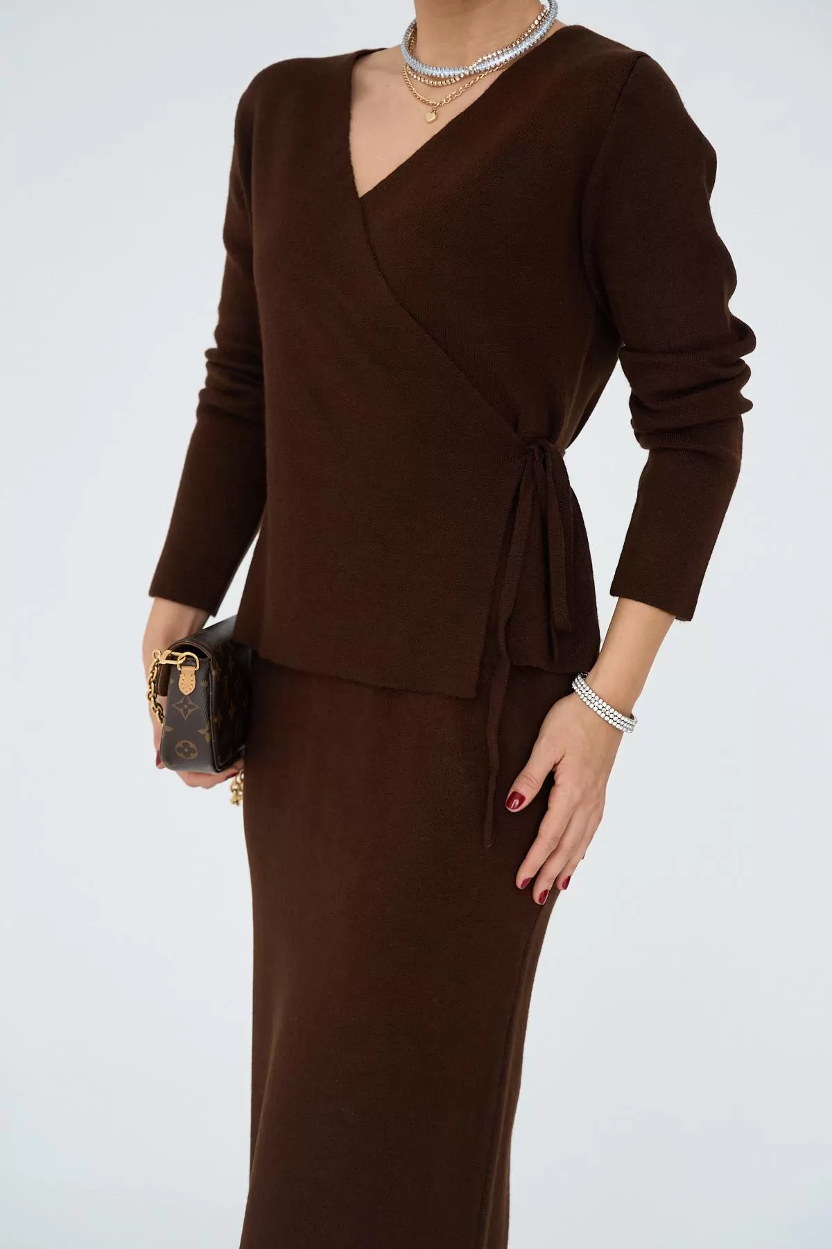 Acı Kahve Kruvaze Yandan Bağlamalı Etekli Takım