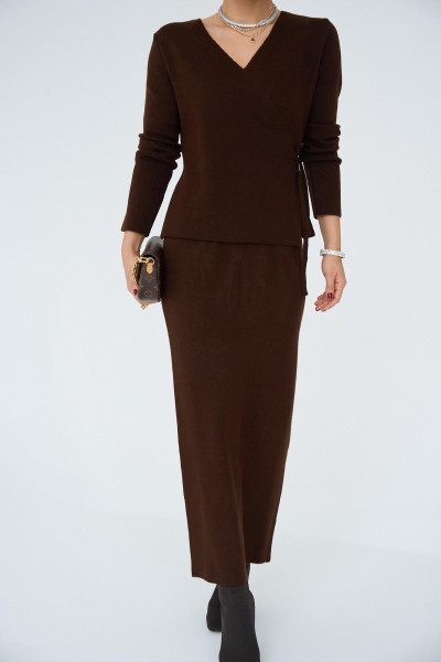 Acı Kahve Kruvaze Yandan Bağlamalı Etekli Takım