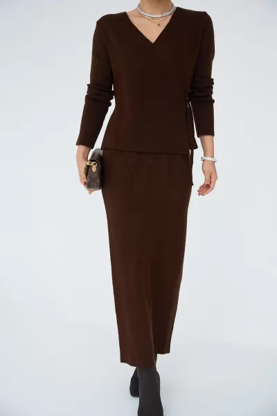 Acı Kahve Kruvaze Yandan Bağlamalı Etekli Takım