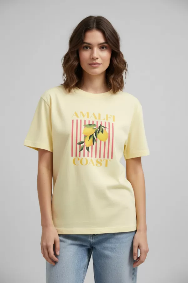 Açık Sarı Pamuklu Baskılı Kadın Tişört