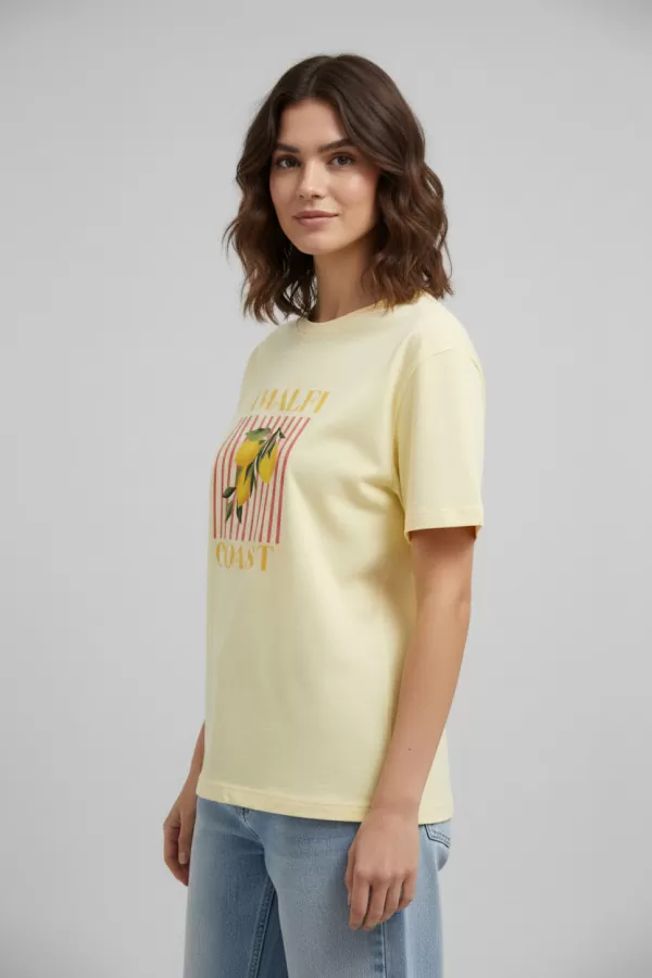 Açık Sarı Pamuklu Baskılı Kadın Tişört