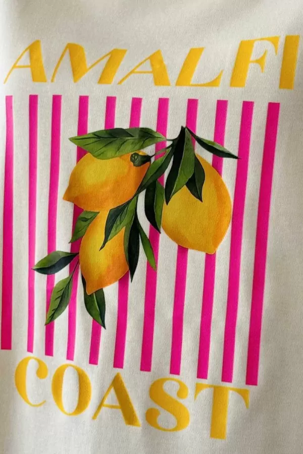 Açık Sarı Pamuklu Baskılı Kadın Tişört