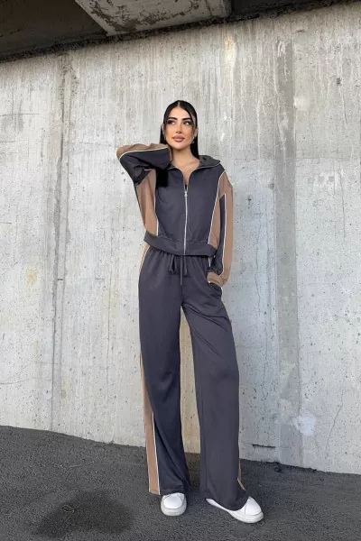 Antrasit Camel Renk Bloklu Kadın Eşofman Takımı