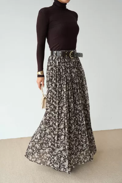 Antrasit Çiçek Desenli Maksi Etek
