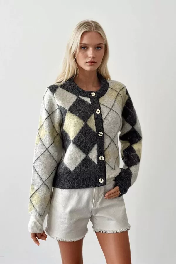 Antrasit Gri Baklava Desenli Triko Kadın Hırka