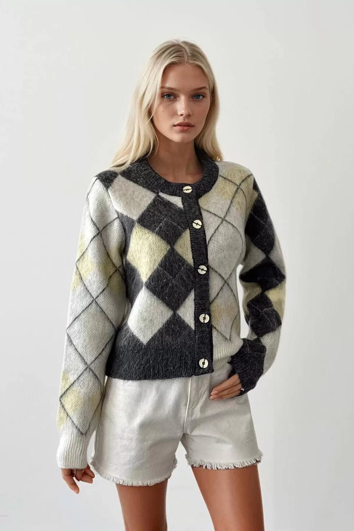 Antrasit Gri Baklava Desenli Triko Kadın Hırka