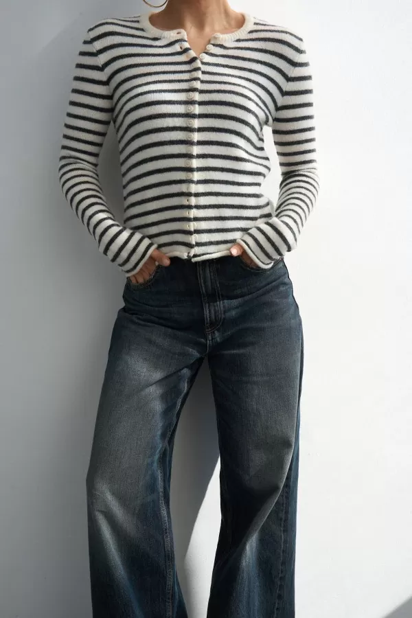 Antrasit Krem Çizgili Triko Kadın Hırka