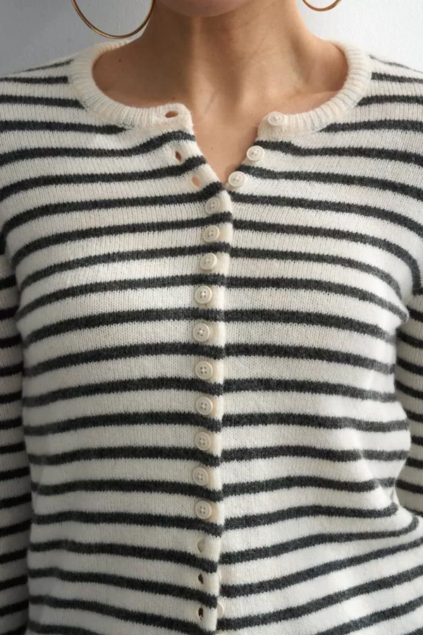 Antrasit Krem Çizgili Triko Kadın Hırka