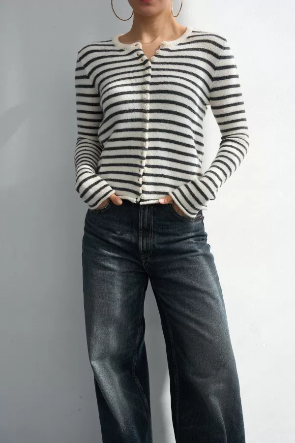 Antrasit Krem Çizgili Triko Kadın Hırka