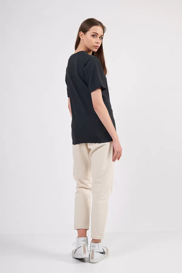 Antrasit Pamuklu Basic Kadın T-Shirt