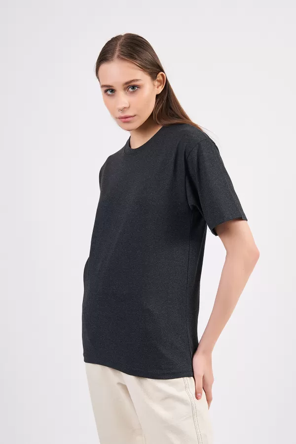 Antrasit Pamuklu Basic Kadın T-Shirt