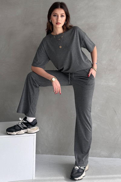 Antrasit Pamuklu Oversize Tişört Pantolon Kadın İkili Takım