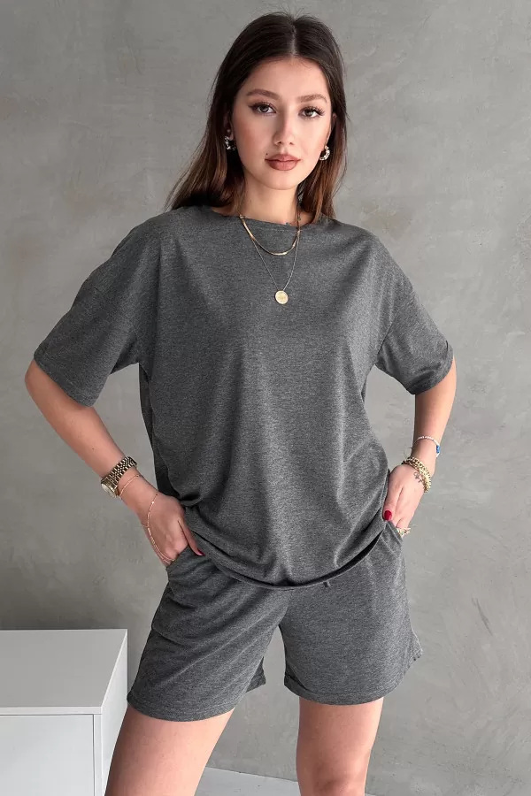 Antrasit Pamuklu Oversize Tişört Şort Kadın İkili Takım