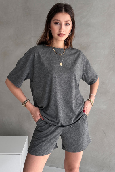 Antrasit Pamuklu Oversize Tişört Şort Kadın İkili Takım