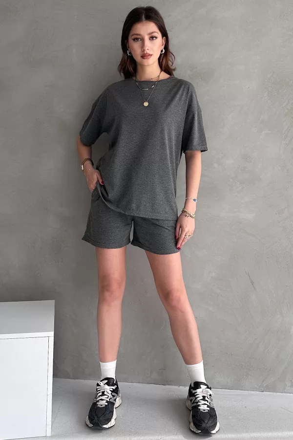 Antrasit Pamuklu Oversize Tişört Şort Kadın İkili Takım