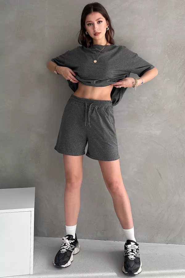 Antrasit Pamuklu Oversize Tişört Şort Kadın İkili Takım
