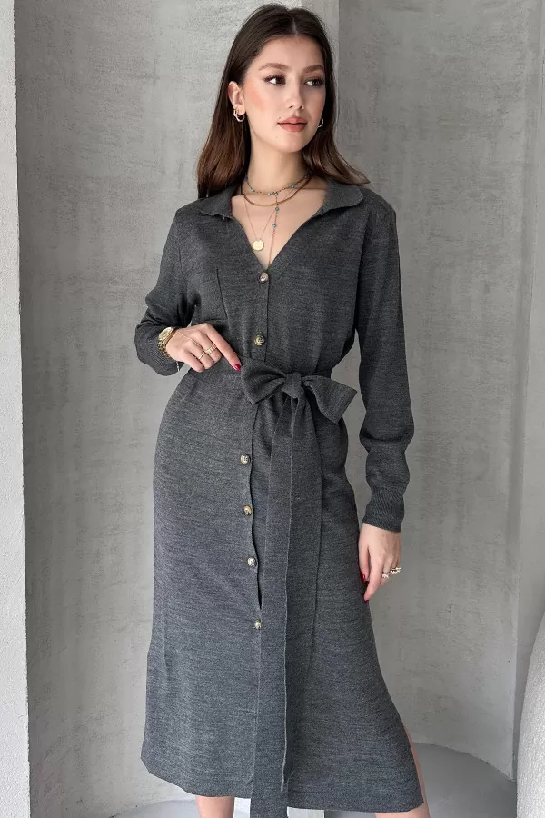 Antrasit Triko Gömlek Yaka Midi Elbise