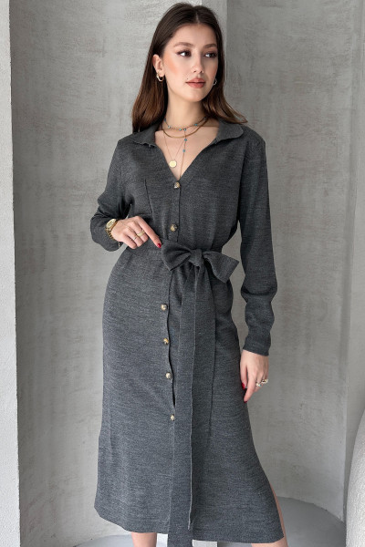 Antrasit Triko Gömlek Yaka Midi Elbise