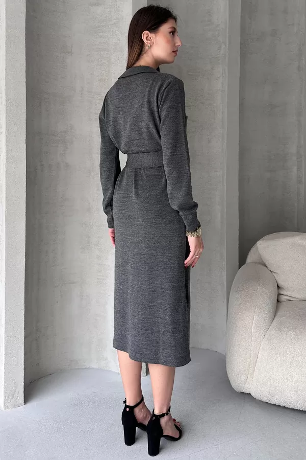 Antrasit Triko Gömlek Yaka Midi Elbise