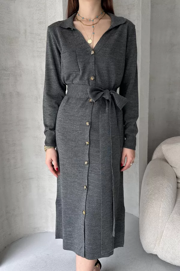 Antrasit Triko Gömlek Yaka Midi Elbise