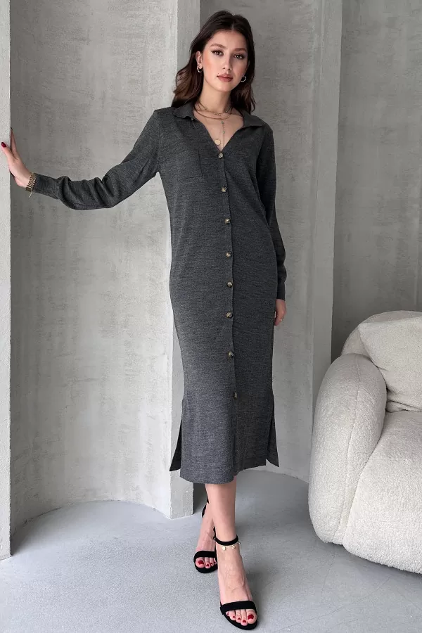Antrasit Triko Gömlek Yaka Midi Elbise