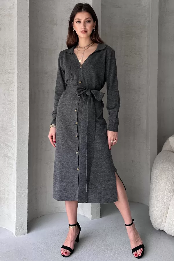 Antrasit Triko Gömlek Yaka Midi Elbise