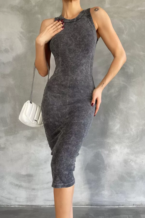 Antrasit Yıkamalı Kolsuz Midi Elbise