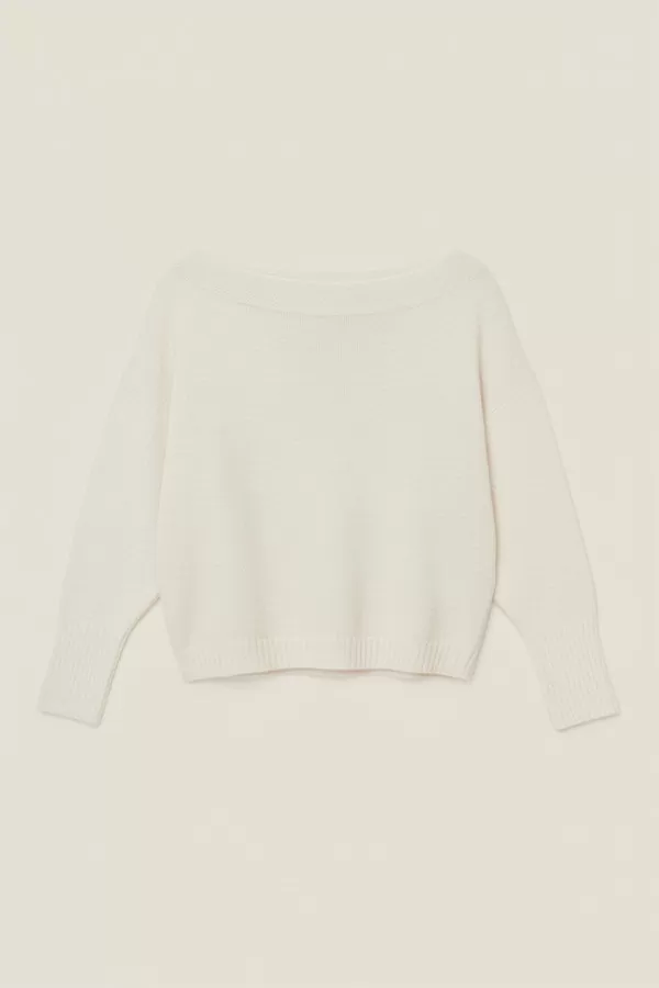 Asimetrik Yaka Ekru Örme Kadın Kazak