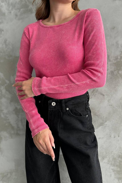 Asit Yıkamalı Pembe Bisiklet Yaka Bluz
