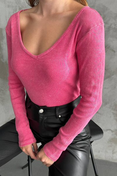 Asit Yıkamalı Pembe V Yaka Bluz