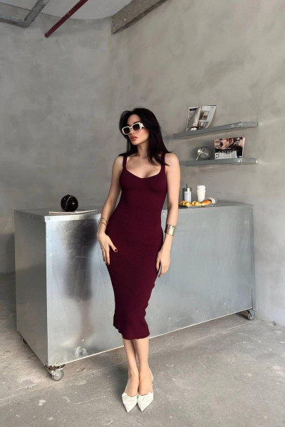 Askılı Koyu Bordo Triko Midi Elbise