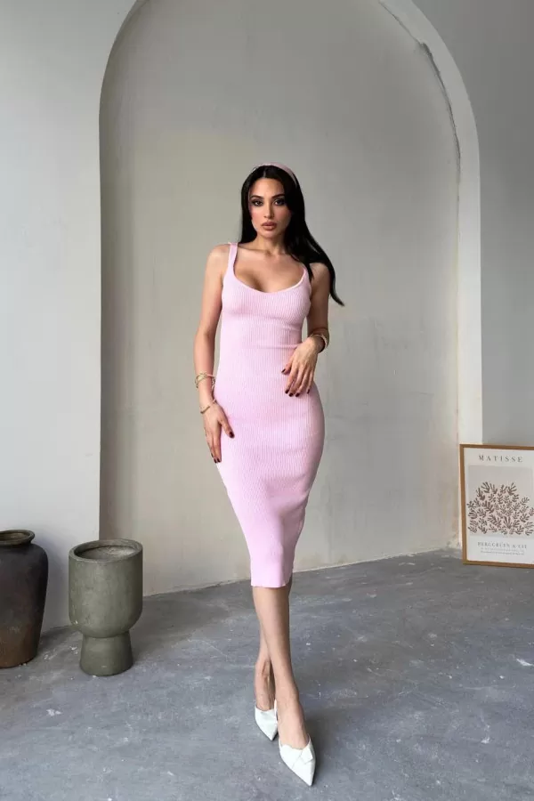 Askılı Lila Triko Midi Elbise
