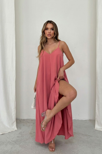 Askılı Pembe Uzun Elbise