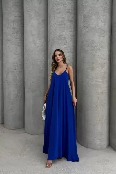 Askılı Saks Mavi Uzun Elbise