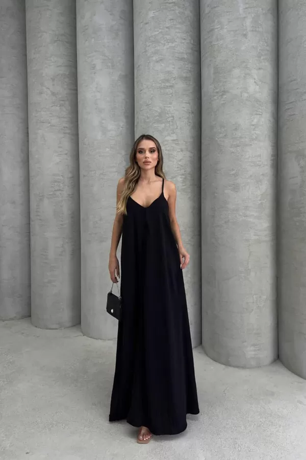 Askılı Siyah Uzun Elbise