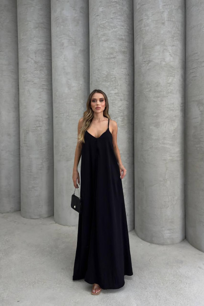 Askılı Siyah Uzun Elbise