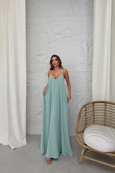 Askılı Su Yeşili Uzun Elbise