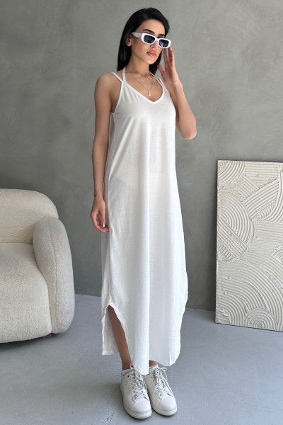 Askılı V Yaka Beyaz Midi Elbise