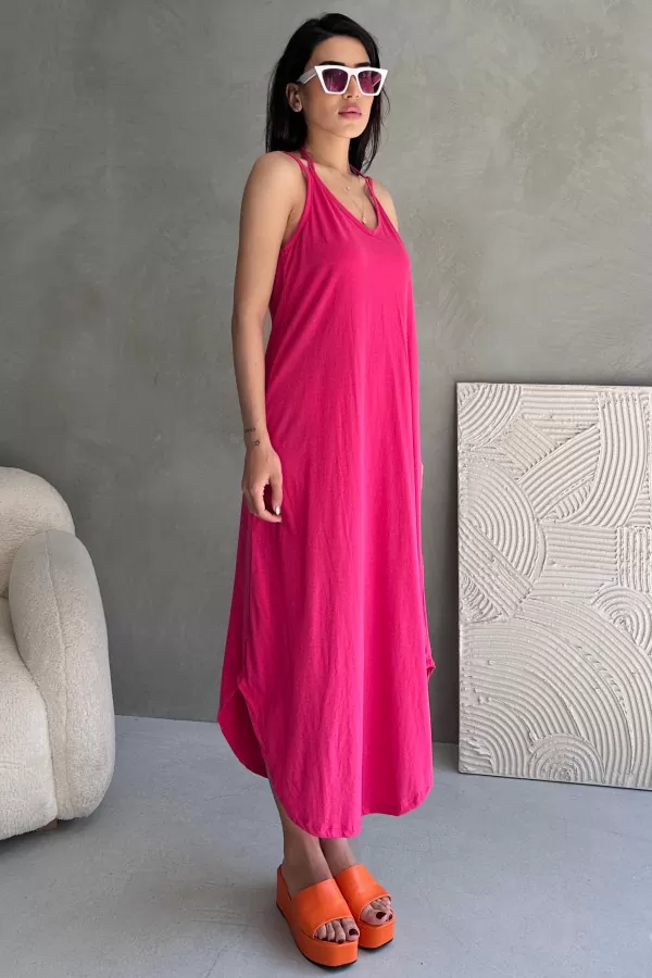 Askılı V Yaka Fuşya Midi Elbise