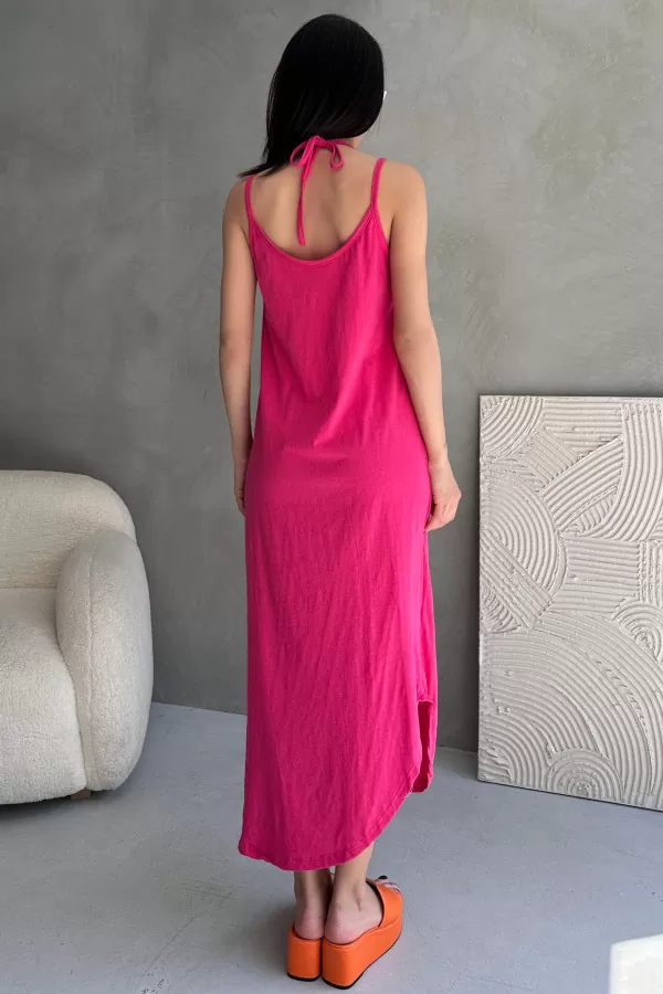 Askılı V Yaka Fuşya Midi Elbise