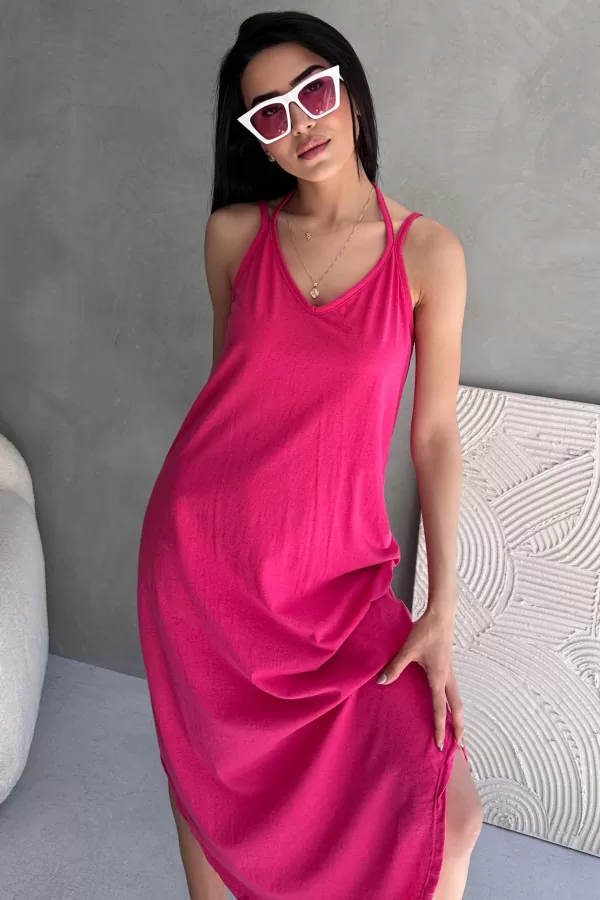 Askılı V Yaka Fuşya Midi Elbise