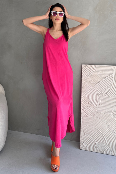 Askılı V Yaka Fuşya Midi Elbise
