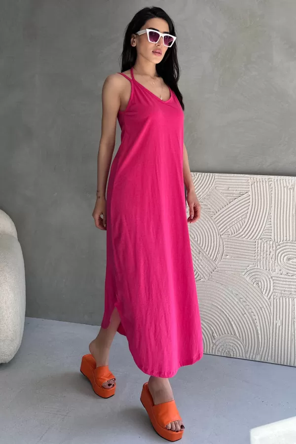 Askılı V Yaka Fuşya Midi Elbise