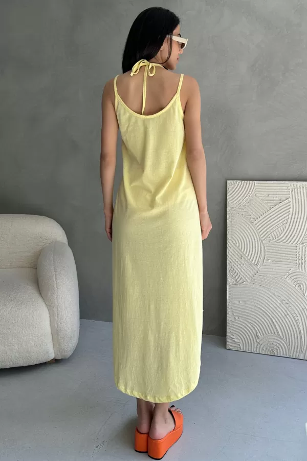 Askılı V Yaka Sarı Midi Elbise