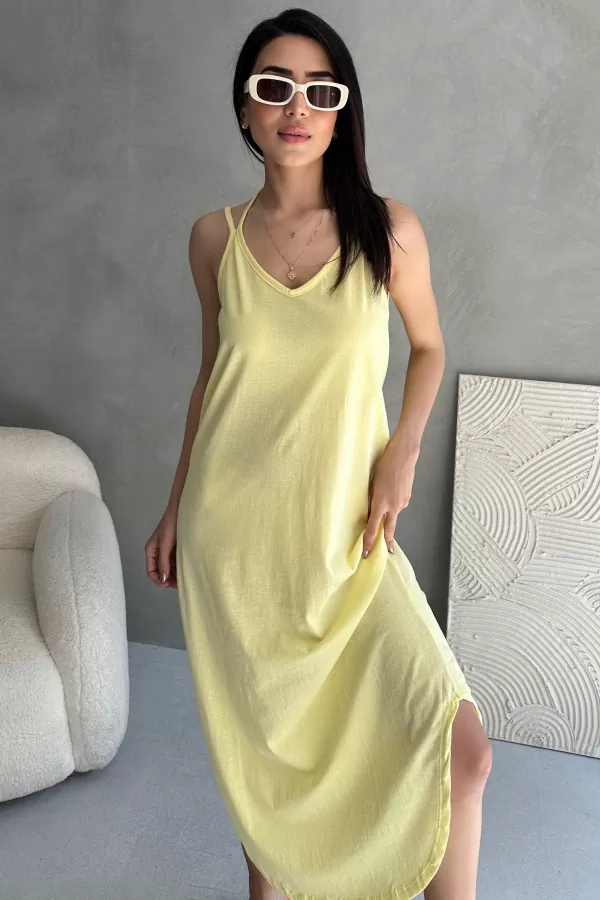 Askılı V Yaka Sarı Midi Elbise