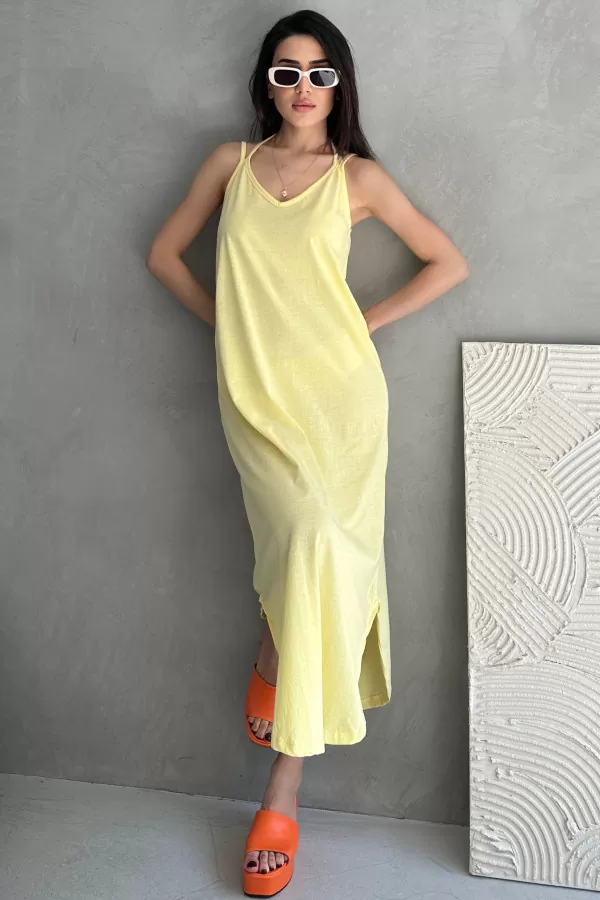 Askılı V Yaka Sarı Midi Elbise