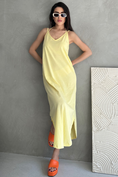 Askılı V Yaka Sarı Midi Elbise